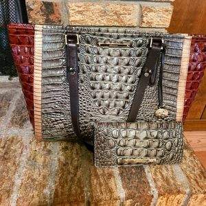 Beautiful Olive Green, Brown & Gold Brahmin Purse & Wallet Set